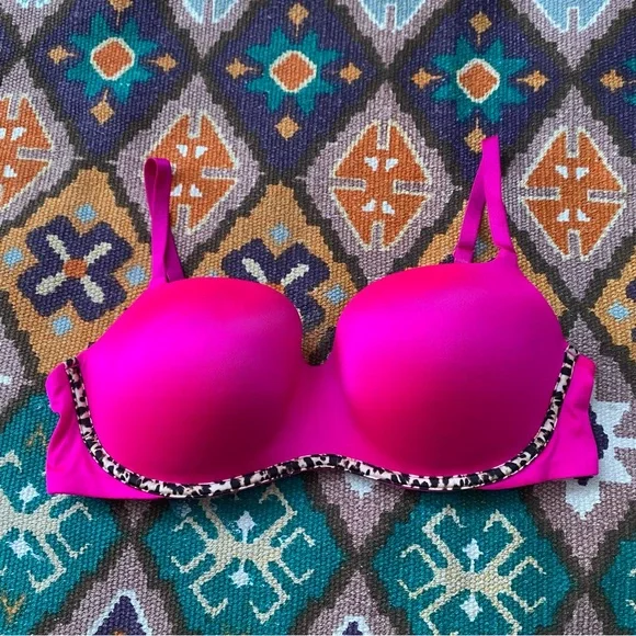 Victoria’s Secret Balconet Bra Pink Cheetah Size 36D Barbie Hot Pink Push Up - Picture 1 of 5